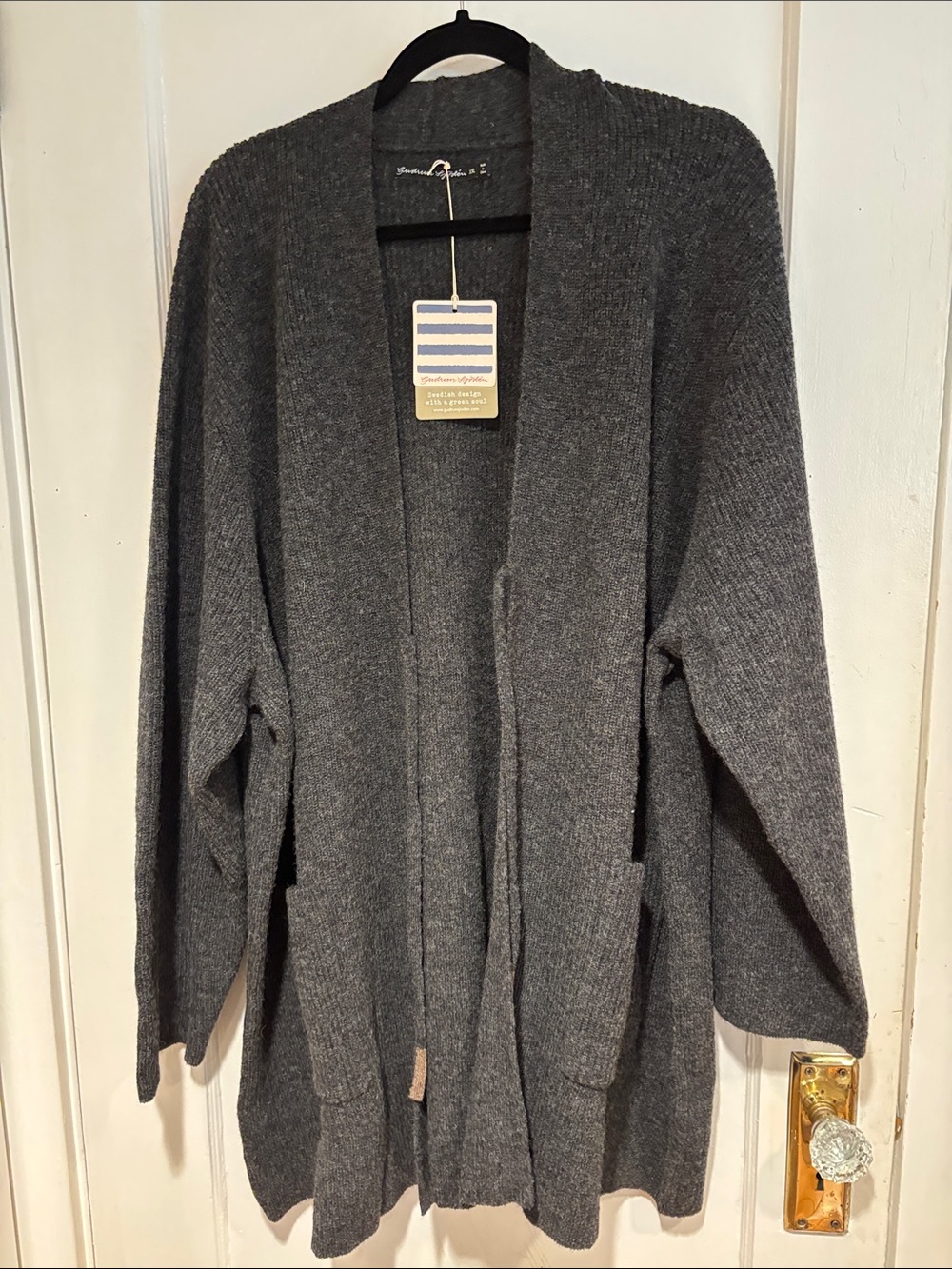 Gudrun Sjoden Charcoal Gray Open-Front Knit Cardigan 100% Wool XXL